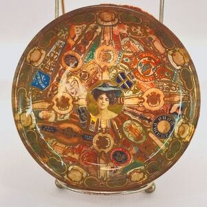 Antique folk art cigar band decoupage glass bowl